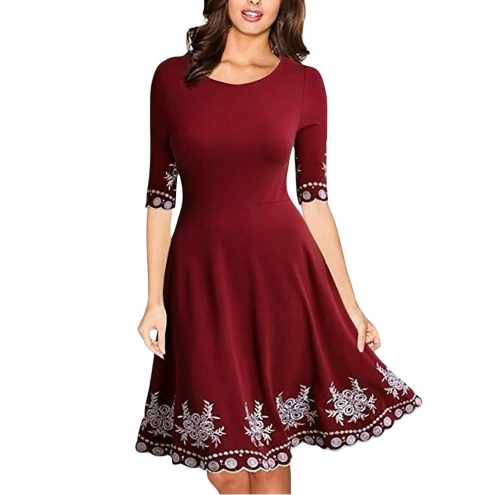 MIUSOL Deep Red NWOT Vintage Style Fit Flare Floral Embroidered Dress Size Large